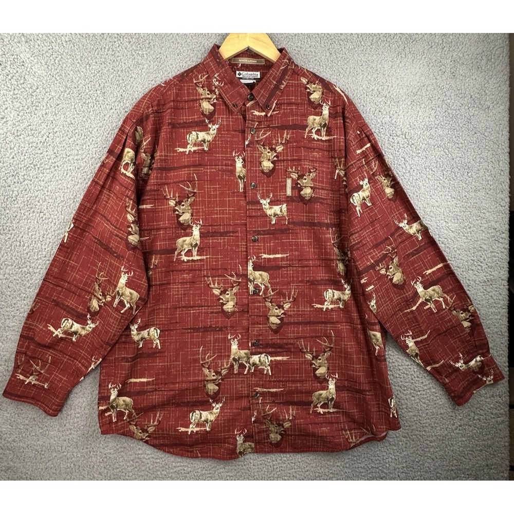 Columbia River Lodge Shirt Mens XL Red Whitetail Deer Long Sleeve Button Up - Picture 2 of 9
